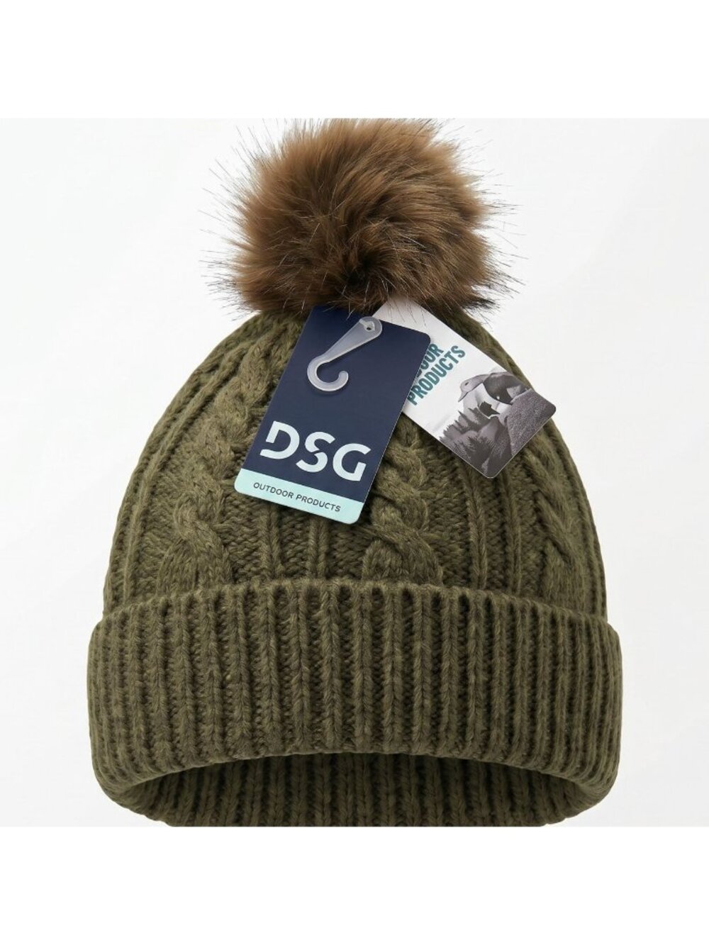 NWT DSG Girls Olive Green Cable Knit Pom Beanie Cozy Winter Hat One Size Youths